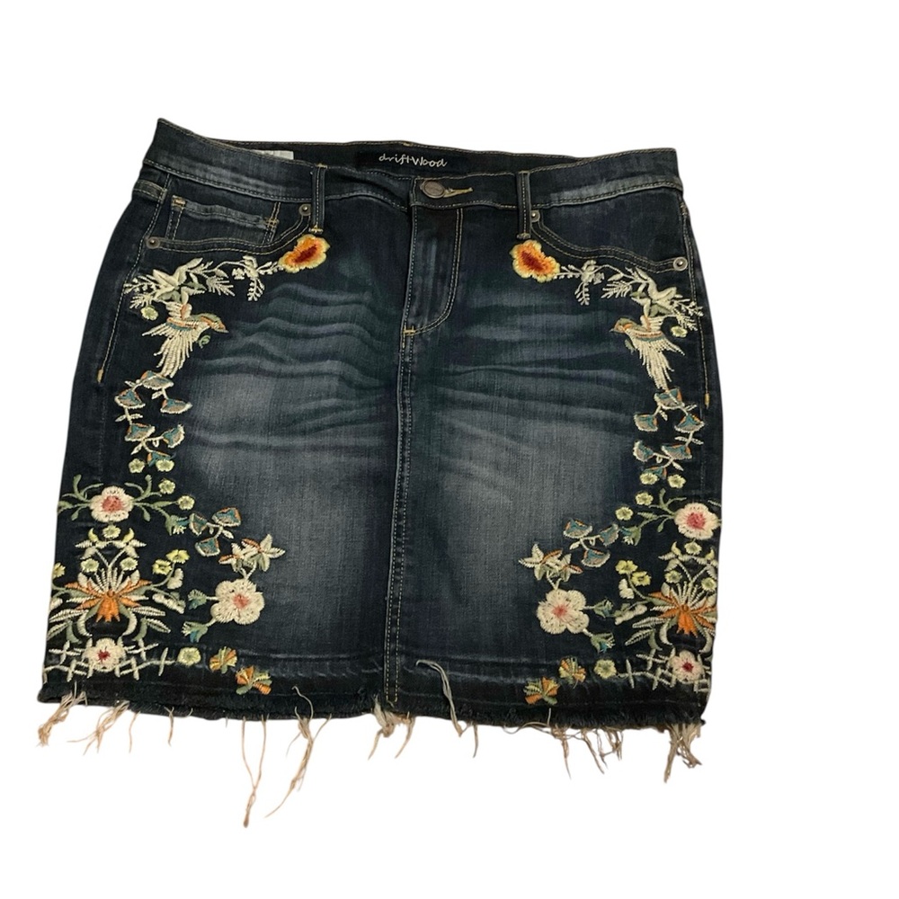 DRIFTWOOD Kate floral denim‎ embroider distressed mini skirt festival Coachella